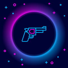 Glowing neon line Pistol or gun icon isolated on black background. Police or military handgun. Small firearm. Colorful outline concept. Vector