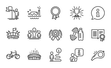 Sports icons set. Included icon as Diploma, Winner ribbon, Success signs. Dumbbell, Scuba diving, Winner symbols. Arena, Bicycle, Arena stadium. Whistle, Leadership, Trophy line icons. Vector