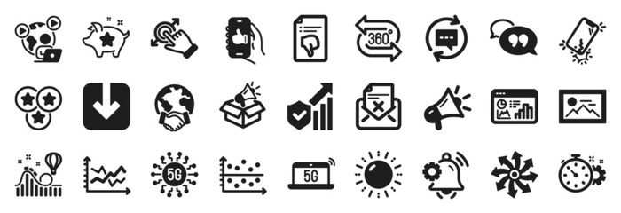 Set of Technology icons, such as Touchscreen gesture, Like app, Loyalty points icons. Diagram chart, Load document, Cogwheel timer signs. Versatile, Smartphone broken, Thumb down. Dot plot. Vector