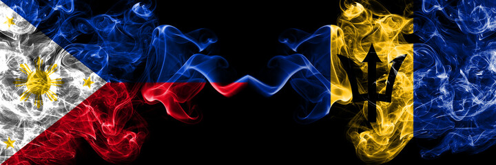 Philippines, Filipino vs Barbados, Barbadian smoke flags side by side.