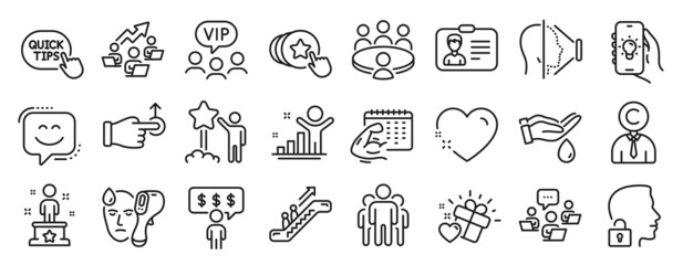 Set of People icons, such as Smile face, Heart, Employee benefits icons. Electronic thermometer, Copyrighter, Wash hands signs. Escalator, Teamwork, Drag drop. Vip clients, Quick tips. Vector