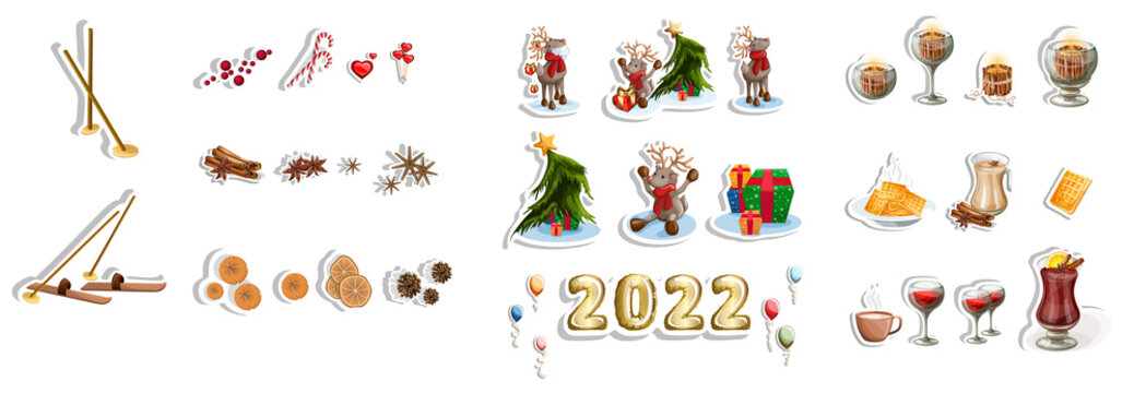 Vector image of a large set of stickers on a winter and Christmas theme with decorated stickers isolated on a white background. Concept. Cartoon style. EPS 10
