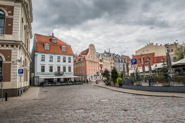 Naklejka na ściany i meble Riga, Latvia Old Town historical center with medieval streets and cafes