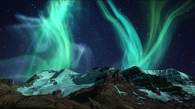 Realistic Northern Lights Animation. Green Lights Aurora Borealis in Norway, Canada, Finland, Iceland and Sweden.
Polar weather and blue starry sky on a cold night. Fantastic motion Background in 4k