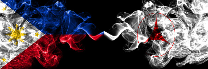 Philippines, Filipino vs Japan, Japanese, Kiyosato, Hokkaido, Okhotsk, Subprefecture smoke flags side by side.