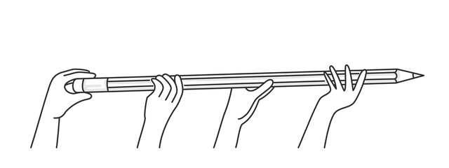 Hands holding big pencil. Business teamwork concept.