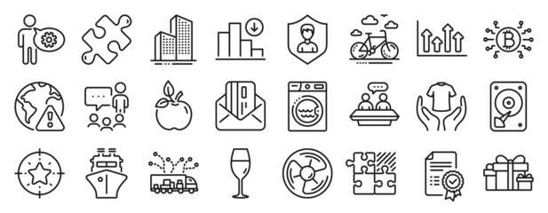 Fototapeta na wymiar Set of Business icons, such as Certificate, Truck delivery, Hdd icons. Hold t-shirt, Internet warning, Bike rental signs. Cogwheel, Decreasing graph, Wineglass. Star target, Bitcoin system. Vector