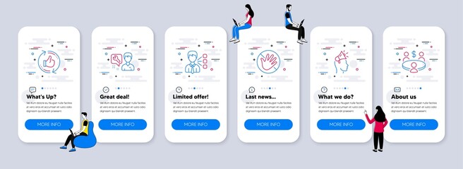 Naklejka premium People icons set. UI phone app screens with teamwork. Included icon as Brand ambassador, Refresh like, Third party signs. Repairman, Do not touch, Meeting line icons. Vector