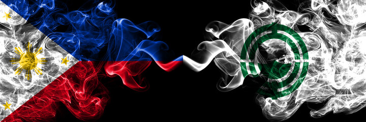 Philippines, Filipino vs Japan, Japanese, Oketo, Hokkaido, Okhotsk, Subprefecture smoke flags side by side.