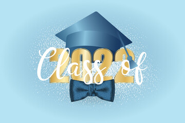 Class of 2022 wallpaper. Golden number and thrown up education academic cap and men bow tie on blue background. Template for graduation design. Vector illustration.