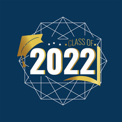 Class of 2022. white number with thrown up golden education academic cap. Template for graduation design, high school, college congratulation graduate, yearbook. Vector illustration
