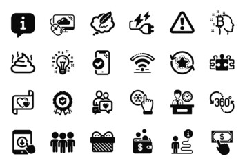 Vector Set of simple icons related to Feces, Puzzle and Electricity plug icons. Group, Wifi and Gift signs. Presentation time, Freezing click and Scroll down. 360 degree, Approved phone. Vector
