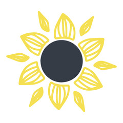 Yellow summer flower, sunny flower, sunflower silhouette in a flat style, cartoon illustration, icon on an isolated white background, vector illustration, Print