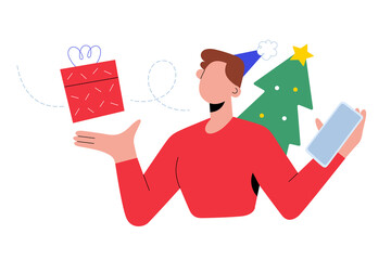 Christmas online shopping concept, Young woman using smartphone app to buy and send Christmas gifts for friends and family distantly, order and delivery service, vector cartoon illustration