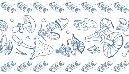 Hand-drawn vector lineart seamless doodle-style ribbon with mushrooms in gray on a white background. Illustration in retro and cottage-core style with plants.Good for use as a pattern or tape