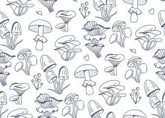 Hand-drawn vector lineart seamless doodle-style pattern with mushrooms in grey on a white background. Illustration in retro and cottage-core style with plants of the autumn forest.