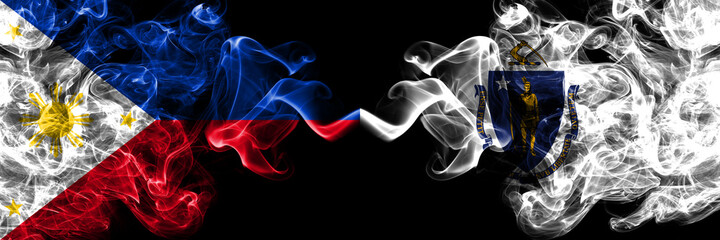 Philippines, Filipino vs United States of America, America, US, USA, American, Massachusetts smoke flags side by side.
