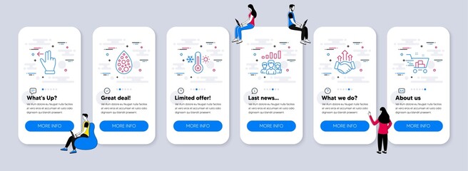 Business icons set. UI phone app screens with teamwork. Included icon as Thermometer, Deal, Teamwork results signs. Artificial colors, Touchscreen gesture, Shopping cart line icons. Vector