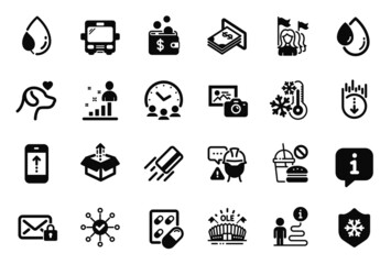 Vector Set of Business icons related to Send box, Clean skin and Leaf dew icons. Builder warning, Secure mail and Survey check signs. Stats, Meeting time and Credit card. Capsule pill, Bus. Vector