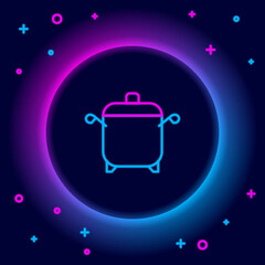 Glowing neon line Cooking pot icon isolated on black background. Boil or stew food symbol. Colorful outline concept. Vector