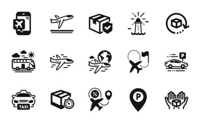Obraz premium Vector set of International flight, Parking and Lighthouse icons simple set. Hold box, Airplane and Flight mode icons. Car parking, Departure plane and Bus travel signs. Vector