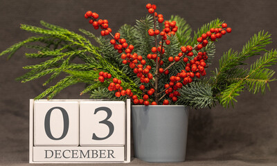 Memory and important date December 3, desk calendar - winter season.
