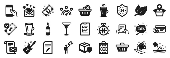 Set of simple icons, such as Receive file, Edit document, Package location icons. Idea, Delete purchase, Skin moisture signs. Report document, Shopping bag, Mint leaves. Teacup, 24 hours. Vector