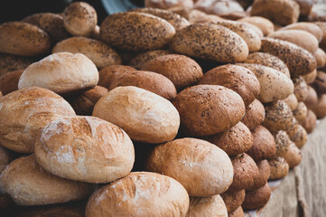 Various types of fresh bread exposed in the stall