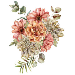 Watercolor autumn bouquet of rose, aster, dahlia and leaves. Hand painted meadow flowers isolated on white background. Floral wild illustration for design, print, fabric or background.