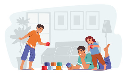 Loving Parent Playing with Kids. Man and Small Boy and Girl Gaming Fun. Happy Family Having Weekend Leisure Time