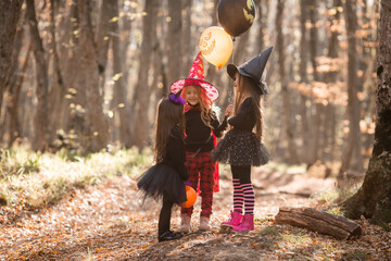 three little girls in witch costumes laugh, conjure, walk through the autumn forest with baskets for sweets in the shape of pumpkins. halloween concept, lifestyle . High quality photo