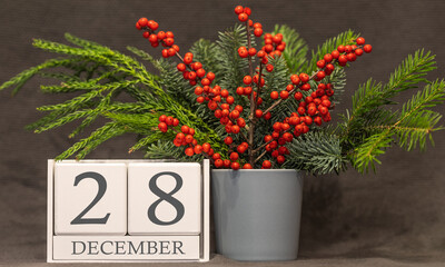 Memory and important date December 28, desk calendar - winter season.