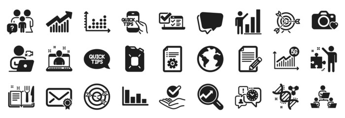 Set of Education icons, such as Histogram, Chemistry dna, Strategy icons. Article, Teamwork, Graph chart signs. Dot plot, Targeting, Best manager. Video conference, Technical documentation. Vector