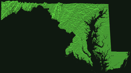 Topographic military radar tactical map of the Federal State of Maryland, USA with emerald green contour lines on dark green background