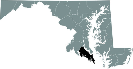 Obraz premium Black highlighted location map of the St. Mary's County inside gray map of the Federal State of Maryland, USA