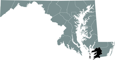 Black highlighted location map of the Somerset County inside gray map of the Federal State of Maryland, USA