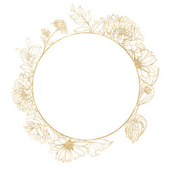 Watercolor circle frame of gold rose, dahlia, aster, physalis and linear leaves. Hand painted autumn flowers isolated on white background. Floral illustration for design, print, fabric or background.
