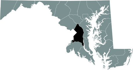 Black highlighted location map of the Prince George's County inside gray map of the Federal State of Maryland, USA