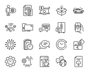 Vector set of Car, Quick tips and Exam time line icons set. Online shopping, Thumb down and Notification bell icons. World communication, No internet and Text message signs. Car web symbol. Vector