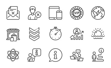 Business icons set. Included icon as Vip chip, Remove account, Sunset signs. Electricity, Timer, Shoulder strap symbols. Career ladder, Teamwork, Reject letter. Atom, Market line icons. Vector