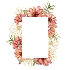 Watercolor autumn frame of linear aster and gold leaves. Hand painted autumn flowers isolated on white background. Floral illustration for design, print, fabric or background.