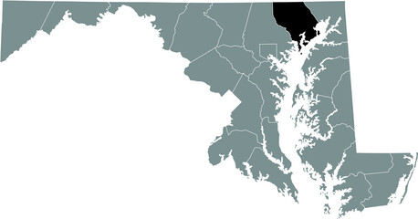 Black highlighted location map of the Harford County inside gray map of the Federal State of Maryland, USA
