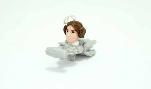 Star Wars. Movie's characters. Toys. Princess Leia. Small collectible toys. Saga. Isolated white. Kinder surprise. Good guys. Darth Vader and clones.