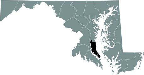 Black highlighted location map of the Calvert County inside gray map of the Federal State of Maryland, USA