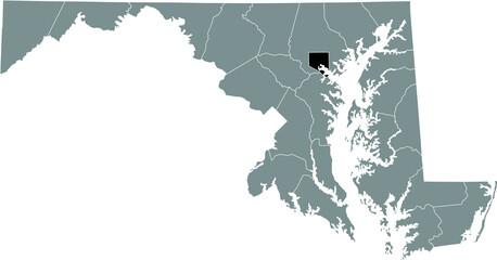 Black highlighted location map of the Baltimore City inside gray map of the Federal State of Maryland, USA