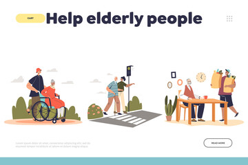 Help eldery people concept of landing page with young volunteers taking care of senior retired