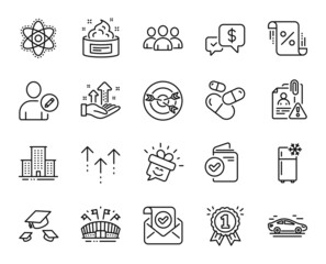 Vector set of Refrigerator, Loan percent and Throw hats line icons set. Payment received, Chemistry atom and Skin cream icons. Edit user, Reward and Swipe up signs. Refrigerator web symbol. Vector