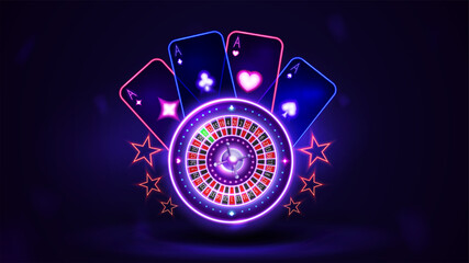 Pink shine neon Casino Roulette wheel with playing cards in dark empty scene