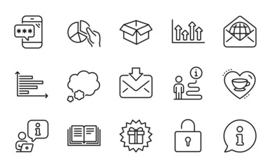Business icons set. Included icon as Surprise gift, Horizontal chart, Phone password signs. Lock, Education, Opened box symbols. Love coffee, Pie chart, Talk bubble. Web mail, Upper arrows. Vector