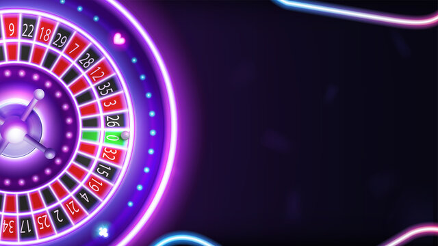 Background with pink neon casino roulette and copy space for your arts